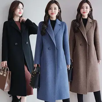 Ženske Zimski Suknji Svoboden korejskem Slogu Pozimi Trendy Midi Dolžina Suknjič Formalno Volne Mešanice Dvojno zapenjanje Plašč Windbreaker