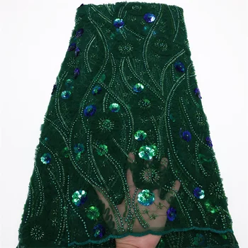 Luksuzni Noge Cev Vezene Čipke Tkanine z Bleščicami Afriške Zelena 3D Cvet Težka Beaded TulleLace Mrežasto Obleko 5yards Materiala