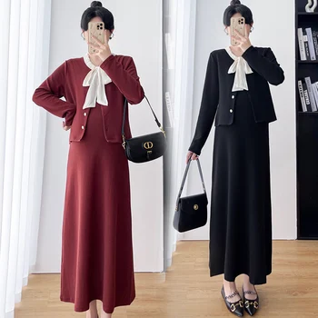 Porodniški Kitajsko Novo Leto Oblačila, ki Long Sleeve Bowknot Ovratnik Brezrokavniki+trak Obleko Twinset Noseča Ženska Oblačila Rdeče Črno