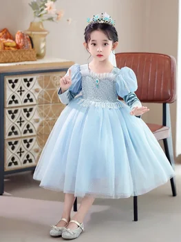 Dekle, Princesa Obleko Jeseni Žamet Dolge Rokave Bleščica Elsa Zamrznjene Kostum Elegantne Modri cvet Otroka Stranka Frock Za Zimo Dekleta