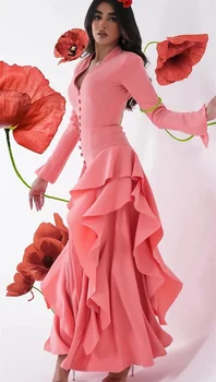 Rose seksi rdeča morska deklica spredaj režejo Proti-vrat gumb režejo dolg rokav formalne priložnosti žogo romantično datum večerno obleko вечернее платье