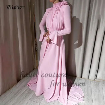Roza Šifon Večer Prom Obleke z Dolgimi Rokavi Visoko Vratu Arabskem Dubaj Formalno Obleko z Vlakom Elegantne Poroka Gost Oblek