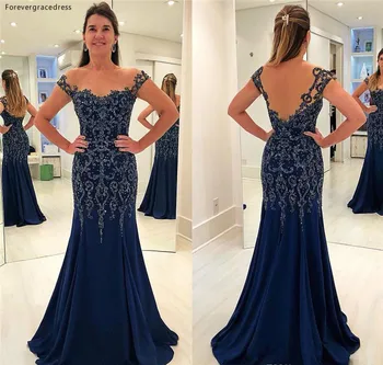 Elegantno Mornarsko Modra Mati Nevesta Obleke 2019 Backless Formalno Ženina Botra Večer Stranka Goste Obleke Plus Velikost
