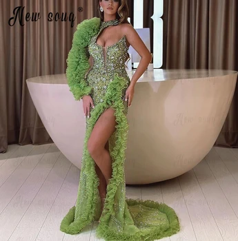 Edinstven Design Globoko Strani Špranjske Formalno Prom Oblačenja Polno Zeleno Beaded Ročno Večerne Obleke Vestidos De Fiesta Abendkleider
