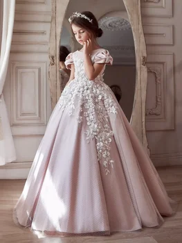 Roza Roža Punca Obleke Saten Til Beli Cvetovi Potiskane Vezenje Kratek Rokav Za Poroko, Rojstni Dan Gostije Princesa Oblek