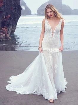 Seksi globoko V-neck top tank rokav til aplicirano poročne obleke Plaži Romantično morska deklica po meri poročno obleko Vestidos de novia