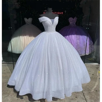 ANGELSBRIDEP Sparkly Beaded Krilo Bela Quinceanera Obleke Vestidos De 15 Anos Bleščice Birthday Princess Party Oblek po Meri