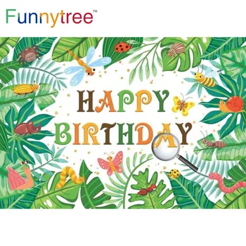 Funnytree Happy Birthday Otroci Luči Jungle Adventure Raziskovanje Risanka Insektov Zlato Pike Listi Baby Tuš Photocall Ozadju