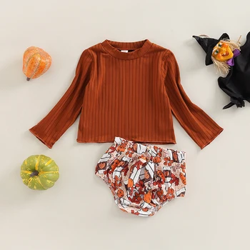 Za malčke Baby Unisex Fantje Dekleta Halloween Obleko Barva Dolgimi Rokavi, Rebraste T-majice, Vrhovi+Bučna Tiskanih Obleke Hlače