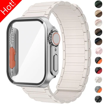 Silikonski Trak+Primeru Magnetne za Apple Watch Band 45mm 44 mm 40 mm 41mm Zapestnica za IWatch Series 9 8 7 6 5 4 SE Nadgradnjo Ultra 2
