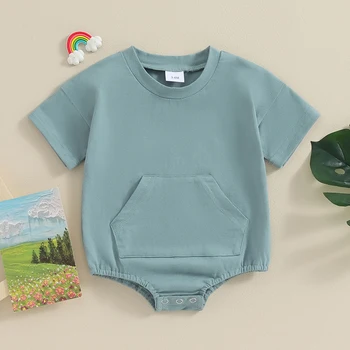 Za Malčke Baby Girl Boy Romper Obleko Barva Žep Kratek Rokav Posadke Vratu Jumpsuits Srčkan Novorojenčka Poletne Obleke