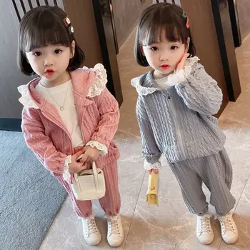 Otroci Boutique Oblačila Baby Dekleta 2 Kosa Kompleti Športnih Barva Plašč, Hlače Priložnostne Korejski Čipke Hooded Moda 2023 Jeseni Nova