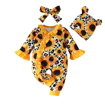 0-18Months Newborn Baby Girl Obleke Romper Obleke Sežgati Rokav Cvetlični Ruffle Bodysuits Klobuk z Hairband Malčka Gril Kostum