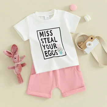 Malčka Baby Girl Boy Oblačila Velikonočni Kratek Sleeve Majica s kratkimi rokavi Top, Hlače z Žep Poletje Srčkan Obleko 2Pcs Set