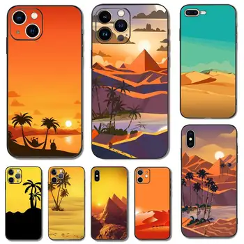 Puščava Kokosovo Drevo, Sonce (1) Telefon Primeru Za iPhone 11 12 Mini 13 14 Pro XS Max X 8 7 Plus SE XR Shell Črna Primeru Telefon