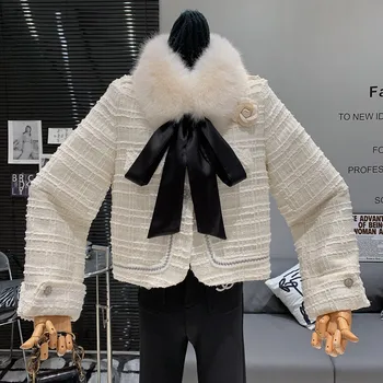 Tweed design sladko in elegantno temperament Krzno ovratnik stereoskopski cvetlični Dolgo oplaščeni plašč Ženske